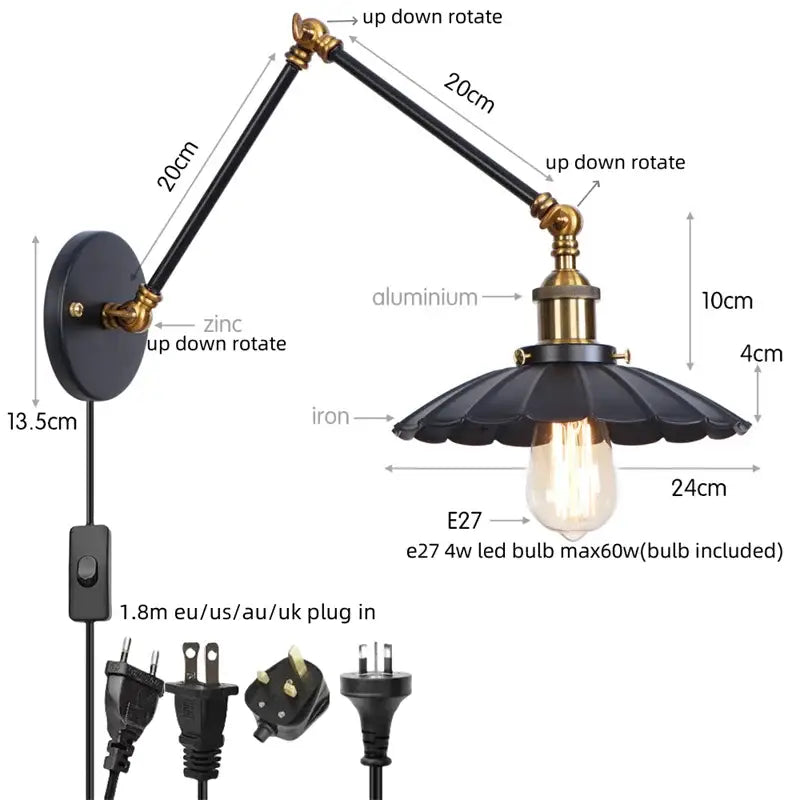 Black wrought iron and brass adjustable wall sconce with fluted shade for decorbites industrial rustic bedroom light