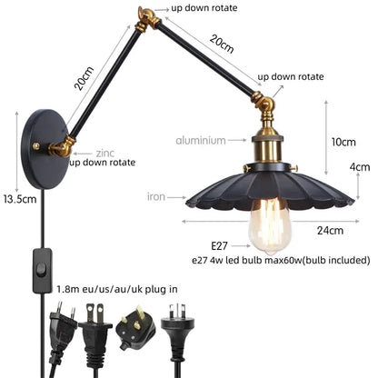 Black wrought iron and brass adjustable wall sconce with fluted shade for decorbites industrial rustic bedroom light