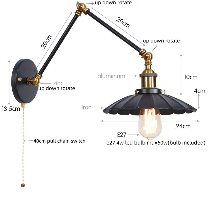Black iron and brass adjustable wall sconce with fluted shade industrial rustic led decorbites bedroom light