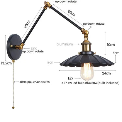 Black iron and brass adjustable wall sconce with fluted shade industrial rustic led decorbites bedroom light