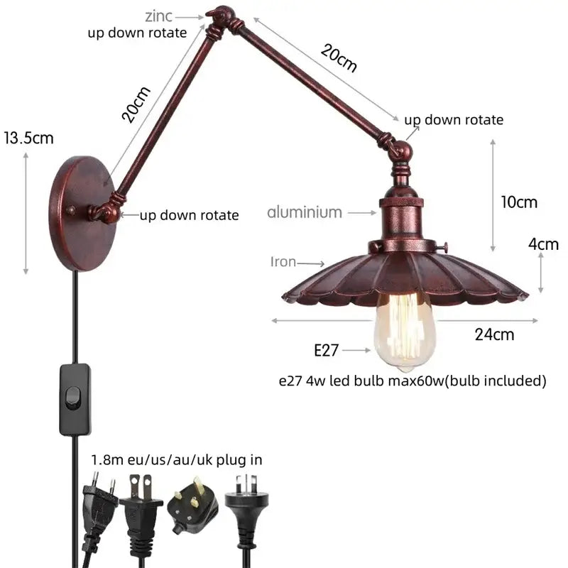 Industrial rustic antique brass and dark bronze wall sconce with adjustable bronze zinc arm and iron shade for bedroom decorbites industrial rustic led lighting