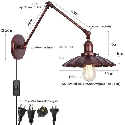 Industrial rustic antique brass and dark bronze wall sconce with adjustable bronze zinc arm and iron shade for bedroom decorbites industrial rustic led lighting