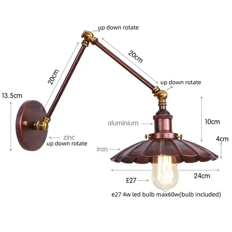 Industrial rustic antique brass and dark bronze wall sconce with adjustable zinc and aluminum arms and scalloped shade decorbites industrial rustic wall sconce