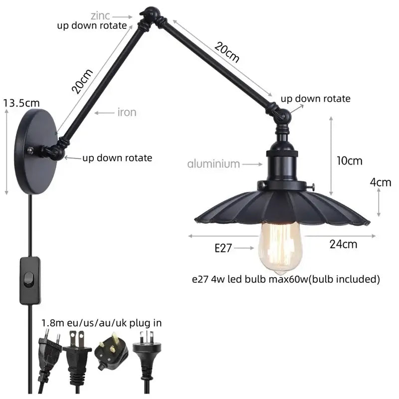 Black industrial rustic wall sconce with adjustable arms and fluted shade for decorbites industrial rustic led lighting
