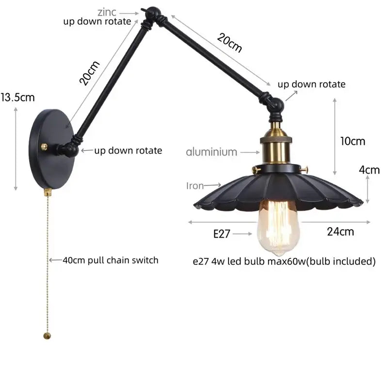 Black wrought iron and brass adjustable wall sconce with fluted shade for industrial rustic led decorbites bedroom lighting