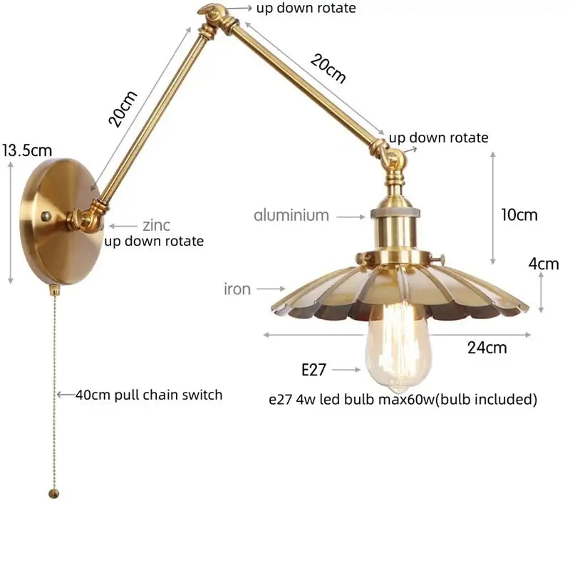 Brass-finished adjustable wall sconce with fluted iron shade and e27 led bulb for decorbites industrial rustic bedroom light