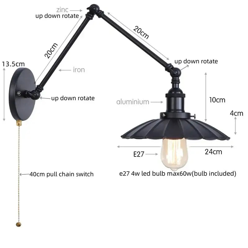 Black industrial rustic wall sconce with adjustable arms and fluted shade for decorbites industrial rustic led bedroom light
