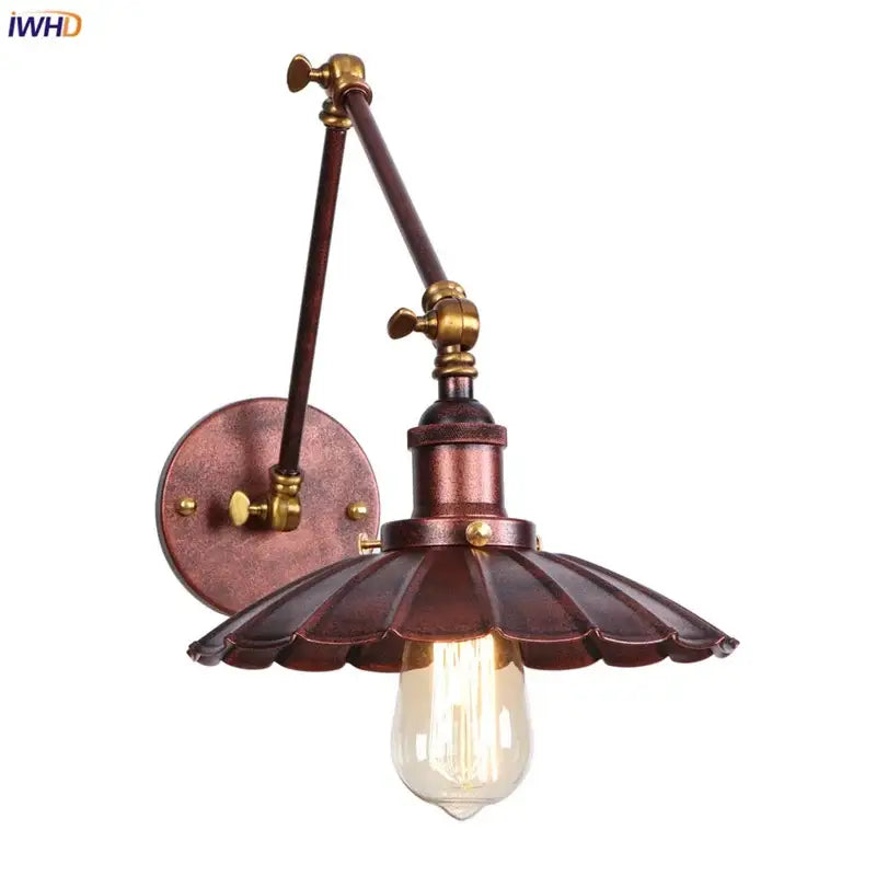 Industrial rustic antique brass and dark bronze adjustable arm wall sconce with scalloped shade for bedroom decorbites industrial rustic