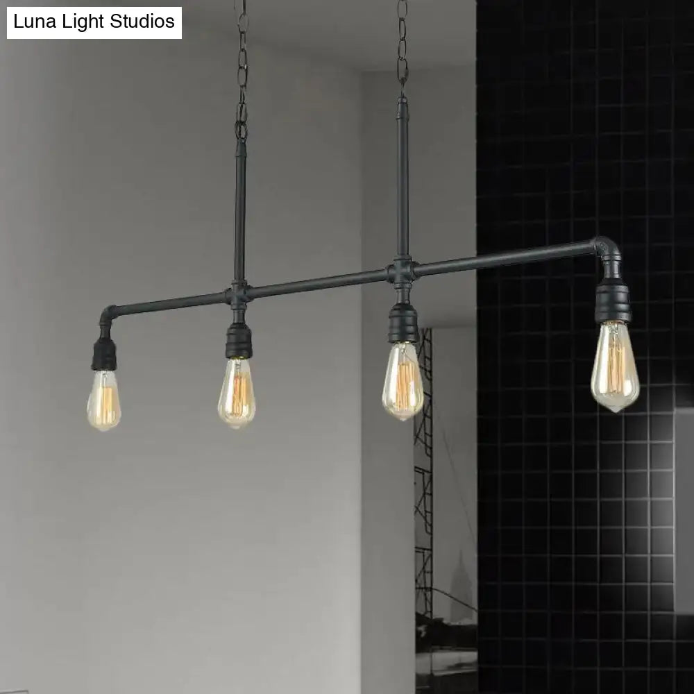 Industrial-style black metal linear piped chandelier with three exposed filament bulbs for 220v-240v or 110v-120v use