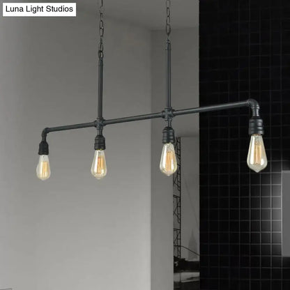 Industrial-style black metal linear piped chandelier with three exposed filament bulbs for 220v-240v or 110v-120v use