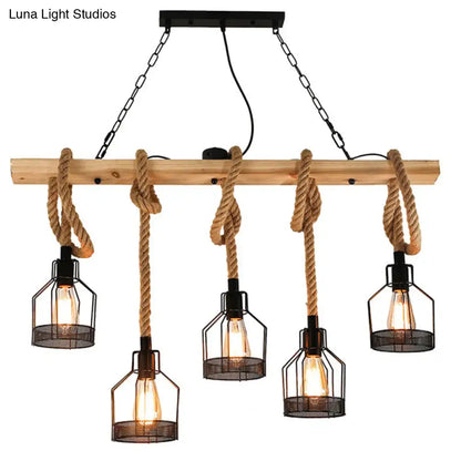Industrial rustic hemp rope chandelier with natural wood beam black metal cage shades and rope suspension for dining room