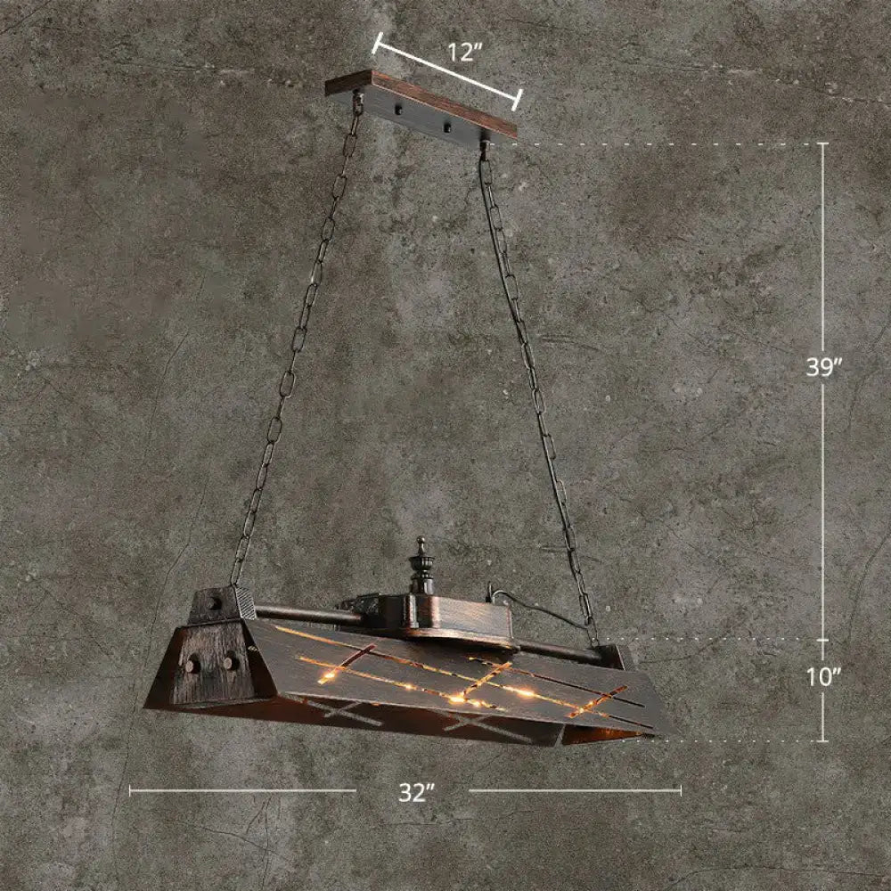 DecorBites™ industrial-style 4-light pendant light fixture with dark rustic metal shade and hanging chains for restaurant decor