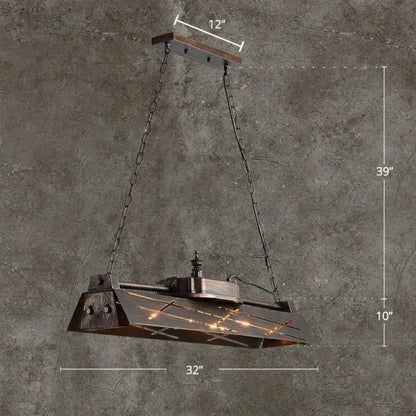 DecorBites™ industrial-style 4-light pendant light fixture with dark rustic metal shade and hanging chains for restaurant decor