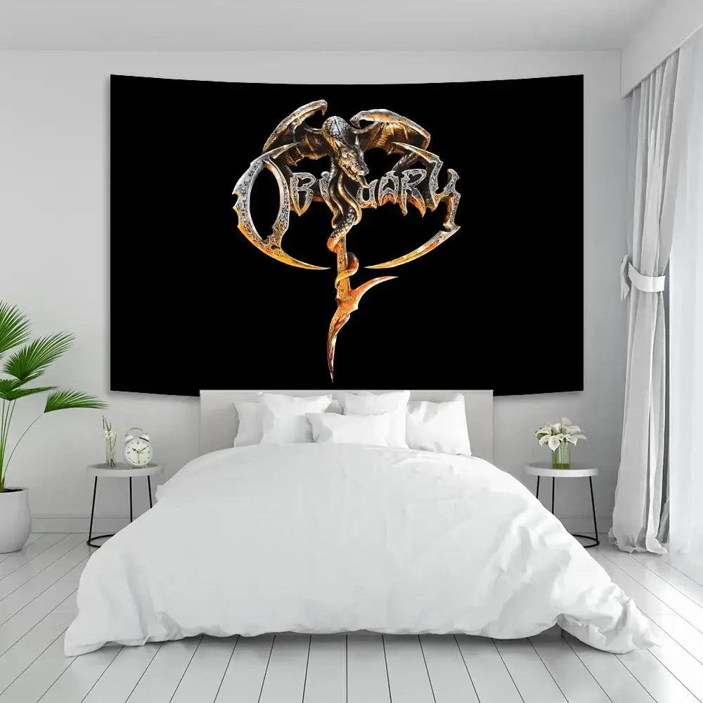 Black tapestry with metallic gold and silver obituary logo featuring a dragon for death metal living room decor