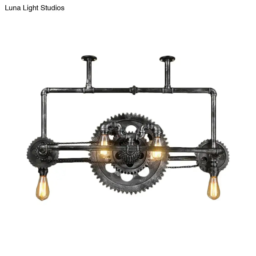 Industrial silver gray gear island pendant kitchen led light with dark rustic metal pipes and three amber filament bulbs 220v-240v