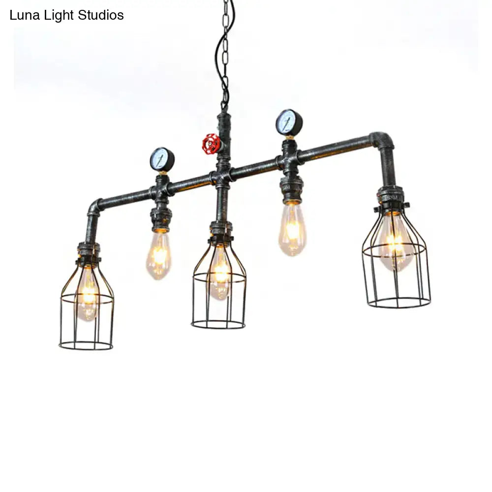 DecorBites industrial silver hanging lamp with five metallic cages, black pipes, pressure gauges, and filament bulbs