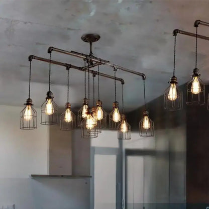 Decorbites aged silver industrial cage iron pendant light with double pipe rod and exposed filament bulbs 220v-240v 110v-120v