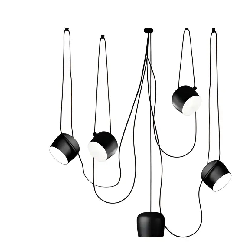 Black cylindrical industrial spider pendant lamp with white interiors and thin cords for modern living room decorbites pendant lamp