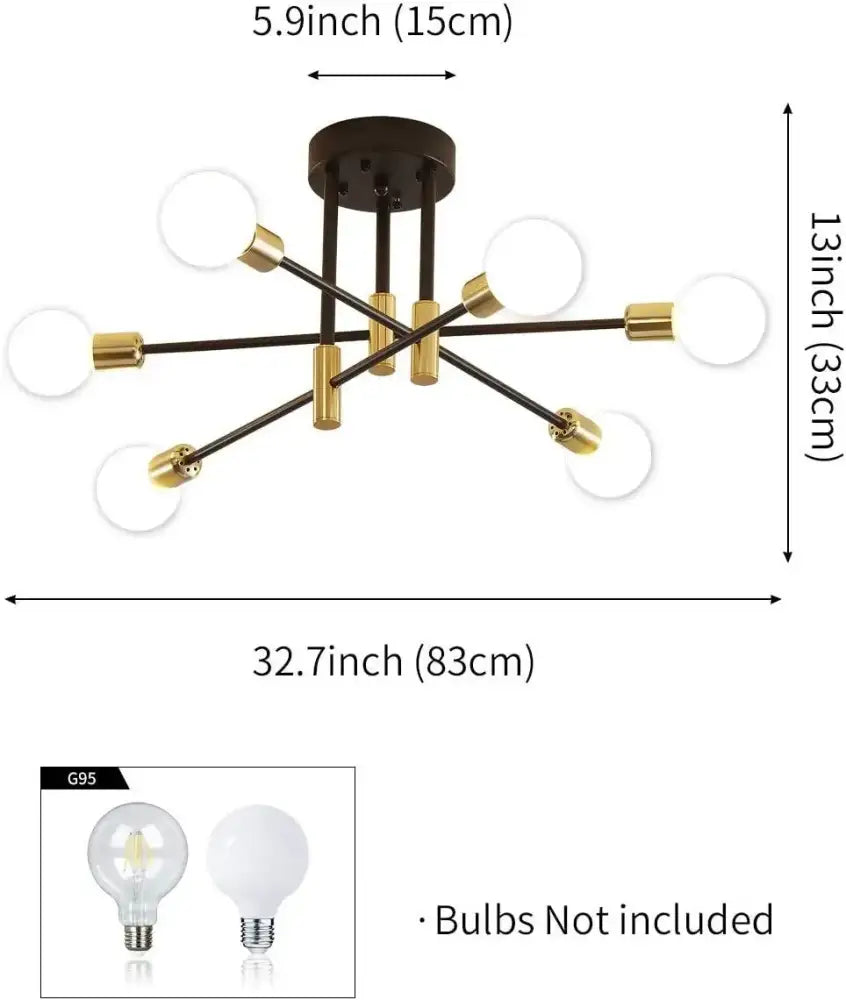 Modern industrial sputnik chandelier with dark bronze base black arms gold fittings and clear glass bulbs by decorbites industrial