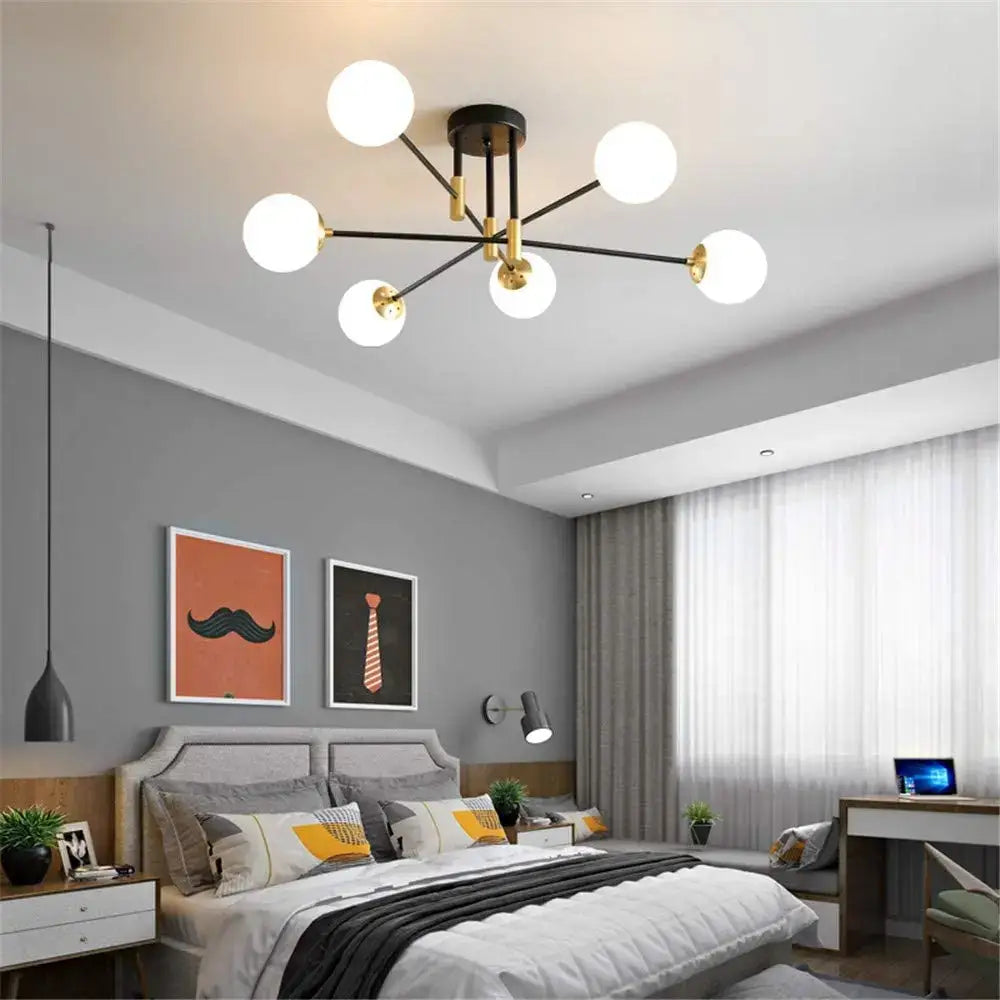 Modern black and gold decorbites industrial sputnik chandelier with six white glass bulbs for kitchen lighting