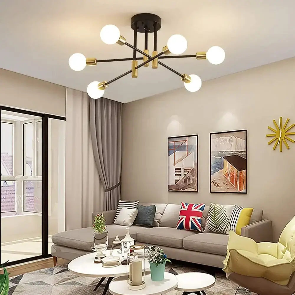 Modern black and gold decorbites industrial sputnik chandelier with six spherical bulbs for kitchen lighting fixture