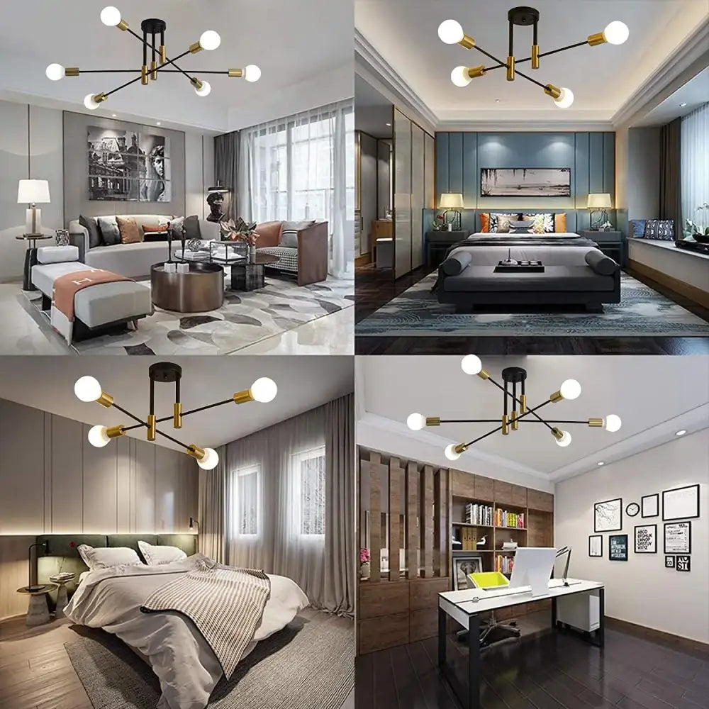 Modern black and gold industrial sputnik chandelier with six spherical bulbs for kitchen lighting by decorbites industrial