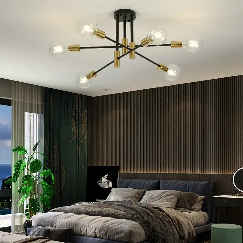 Black and gold modern industrial sputnik chandelier with exposed bulb sockets for kitchen decorbites industrial sputnik lighting