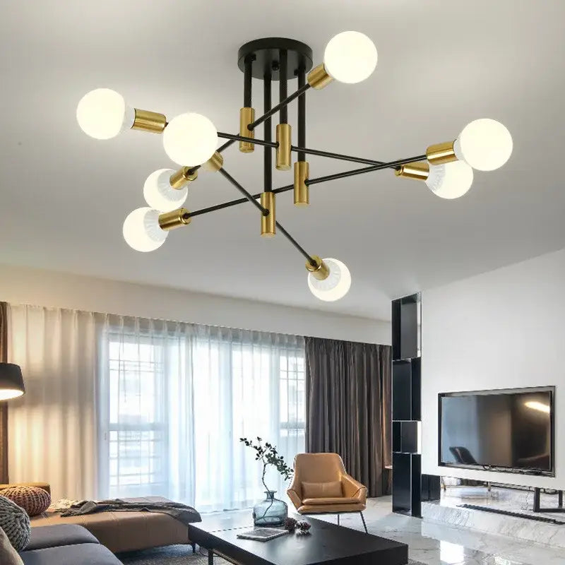 Modern black and gold industrial sputnik chandelier with six white spherical bulbs for kitchen decorbites industrial lighting