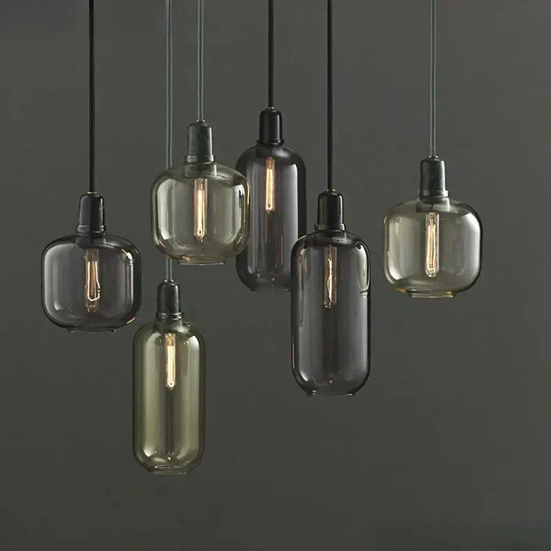 Set of six decorbites industrial stained glass pendant lights with smoked and frosted glass for dining room decor