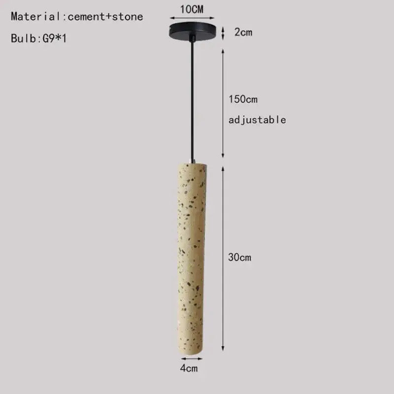 A cylindrical industrial stone led pendant lamp with beige speckled concrete body suspended by black cord