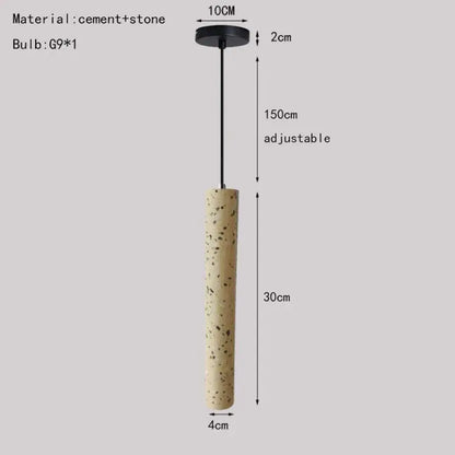 A cylindrical industrial stone led pendant lamp with beige speckled concrete body suspended by black cord