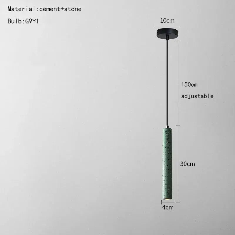 A sleek speckled green cement pendant lamp with black metal ceiling mount and adjustable 150cm length by decorbites industrial stone led