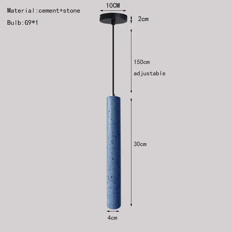 Blue cylindrical industrial stone led pendant lamp made of cement and stone with a black ceiling mount for kitchen decorbites industrial stone