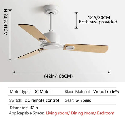Industrial style black ceiling fan with remote control featuring white body, three light wood blades, and dc motor