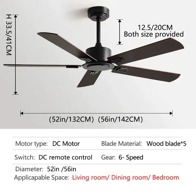 Industrial style black ceiling fan with five wooden blades and remote control for living room with dc motor