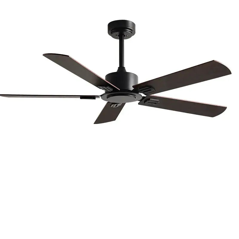 Industrial style black ceiling fan with remote control featuring five sleek matte blades for modern living room use