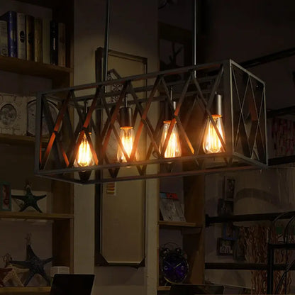 Industrial style black ironwork rectangular island light with exposed filament bulbs for kitchen lighting