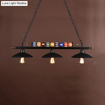 DecorBites™ industrial style black metal billiard light with scalloped shade and three filament bulbs with colorful balls
