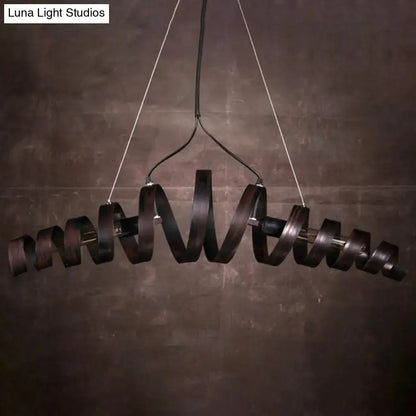 Industrial style dark brown spiraling wooden pendant light fixture with spiral metal design for dining room use