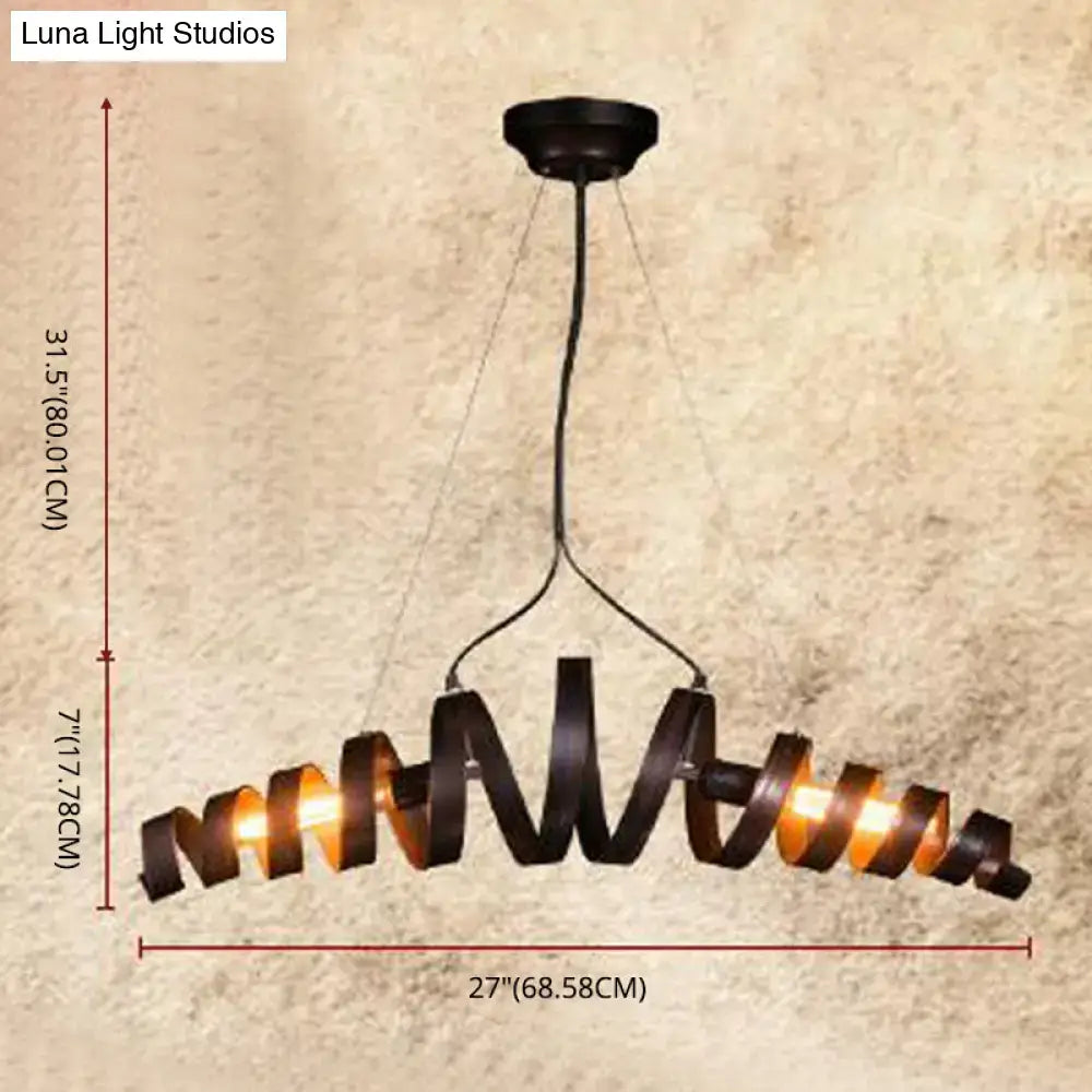 Industrial style dark bronze spiral metal pendant light with black wrought iron and warm amber lighting for dining room