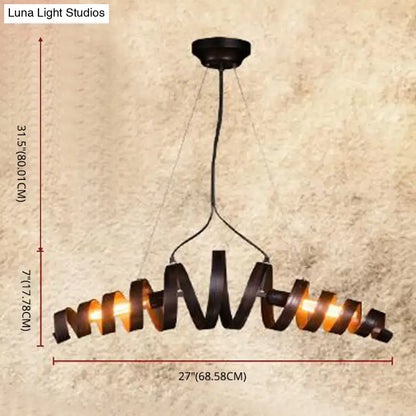 Industrial style dark bronze spiral metal pendant light with black wrought iron and warm amber lighting for dining room