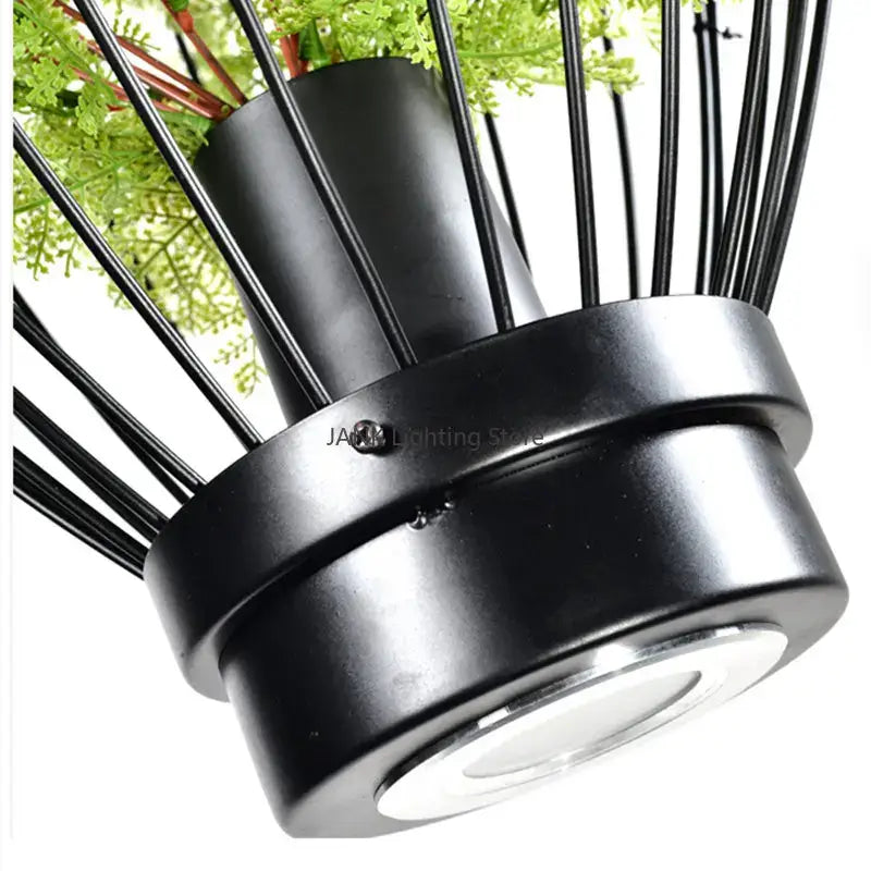 Black metal wire cage pendant lamp with green artificial foliage for dining room decorbites industrial style planting