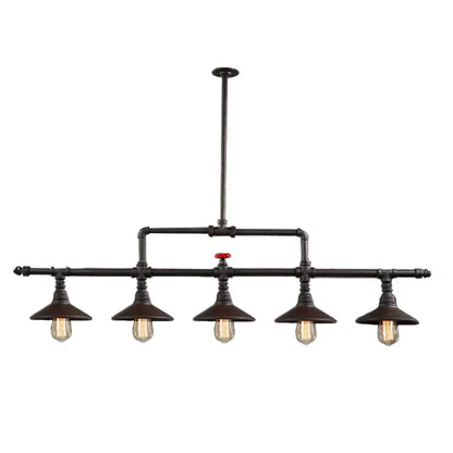 DecorBites™ industrial style pendant lighting with five black pipe arms, cone shade bulbs, and a red valve accent