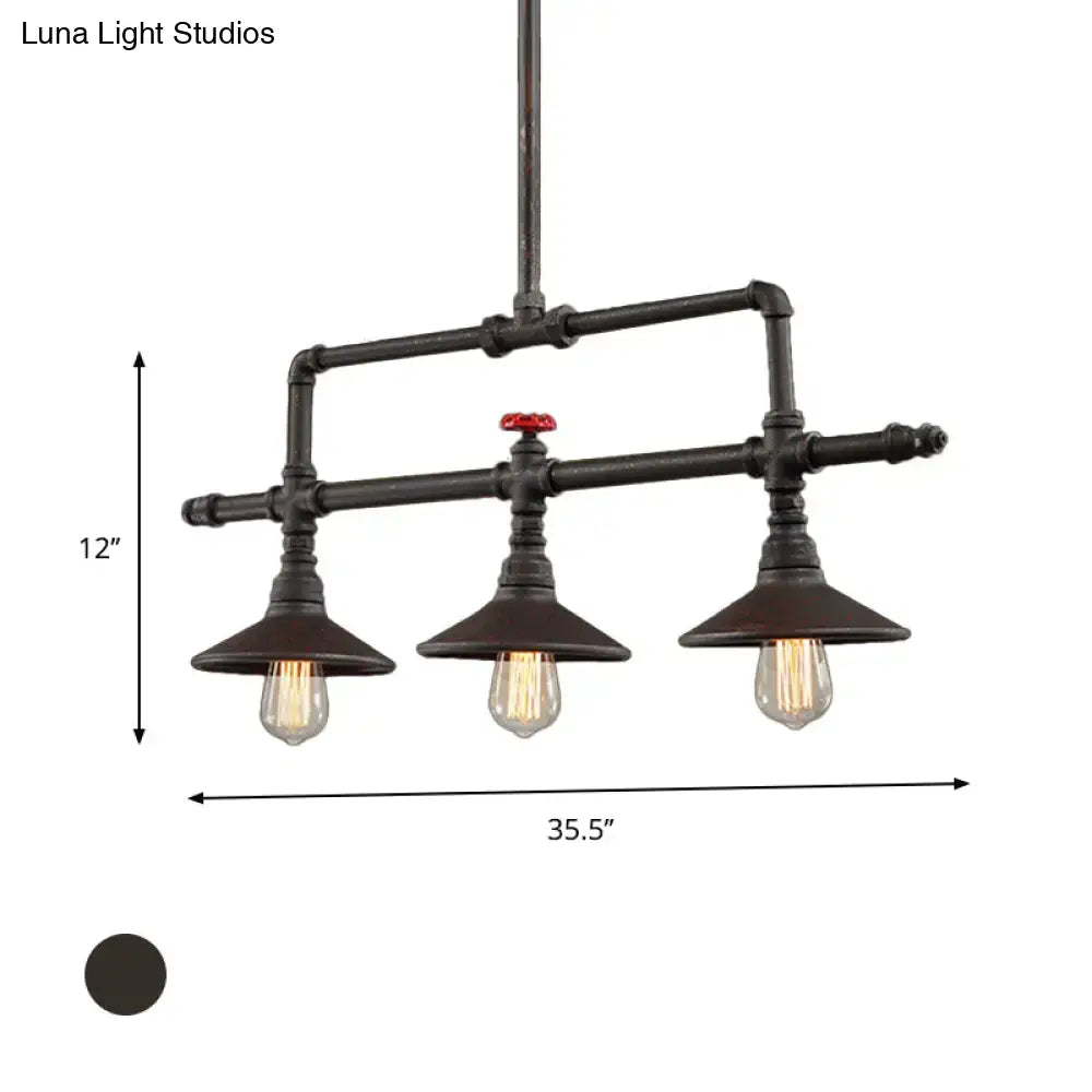 DecorBites™ industrial style black pipe chandelier with three cone shade bulbs and red valve accent in rust finish