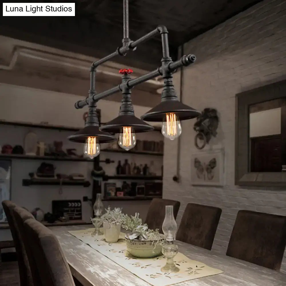 Decorbites industrial style black pipe chandelier with cone shade three exposed filament bulbs and red valve rust finish