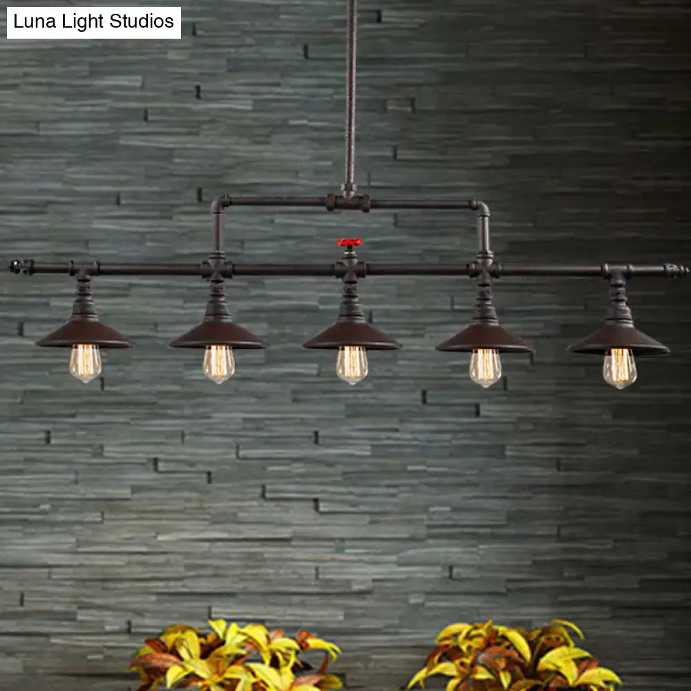 DecorBites™ industrial style black pipe chandelier with five exposed filament bulbs, cone shade, and red valve accent