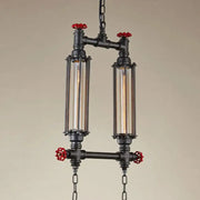 Decorbites industrial style tubular metal pendant light set in black with red valve accents and clear glass tubes for restaurants