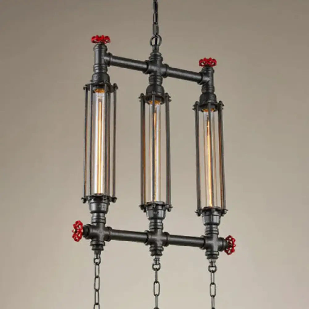 Decorbites industrial style tubular pendant light in black metal with three glass tubes and red valve accents for restaurants