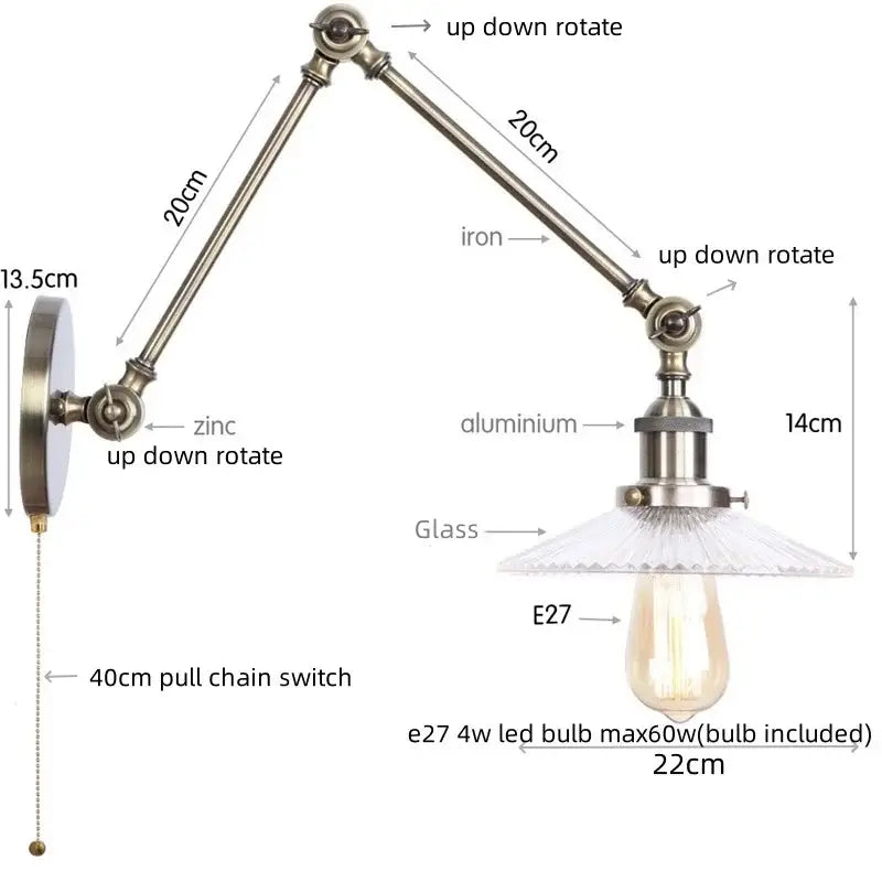 Adjustable industrial swing arm loft lamp with brass-finished zinc and aluminum arm and textured glass shade for bedroom decorbites industrial swing