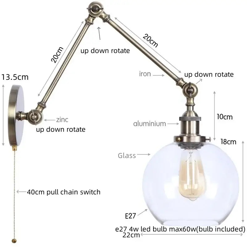 Adjustable brass-finished industrial swing arm loft lamp with spherical glass globe and e27 led bulb for bedroom decorbites industrial swing
